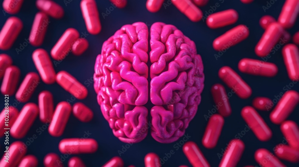 Poster futuristic digital brain being charged by nutrient filled capsules representing enhanced cognitive p