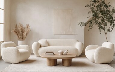 Modern minimalist living room with a beige boucle sofa and two matching armchairs. 