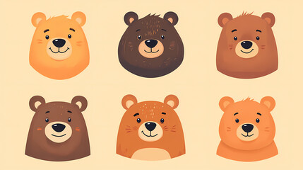Set Bear card templates. Cute cartoon bear faces,paper art and digital craft style.