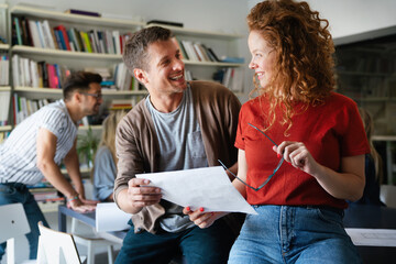 Collaborative process of multicultural skilled people during brainstorming meeting in office