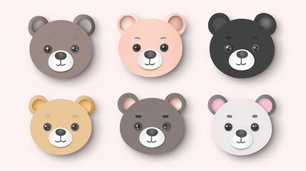 Set Bear card templates. Cute cartoon bear faces,paper art and digital craft style.