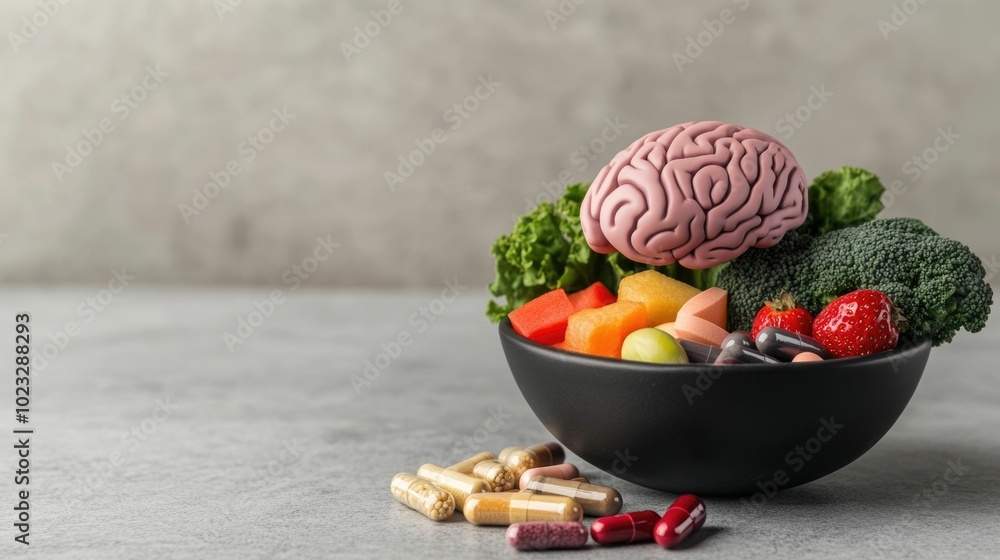 Aufkleber conceptual image of a levitating human brain floating over a bowl filled with a colorful assortment 