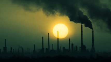 A hazy sunrise over a polluted industrial landscape, sun barely visible behind smoke-filled clouds,...