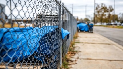 A homeless encampment set up along a chain-link fence, a mix of blue tarps, makeshift structures,...