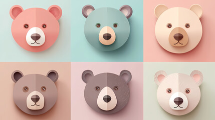 Set Bear card templates. Cute cartoon bear faces,paper art and digital craft style.