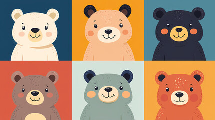 Set Bear card templates. Cute cartoon bear faces,paper art and digital craft style.