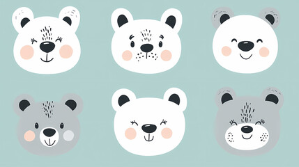 Set Bear card templates. Cute cartoon bear faces,paper art and digital craft style.