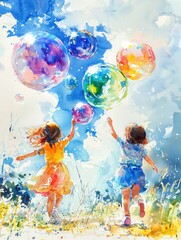 Two children joyfully chase vibrant bubbles against a colorful sky, capturing the essence of playfulness and freedom in a watercolor style.