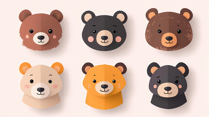 Obraz premium Set Bear card templates. Cute cartoon bear faces,paper art and digital craft style.