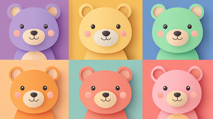 Set Bear card templates. Cute cartoon bear faces,paper art and digital craft style.