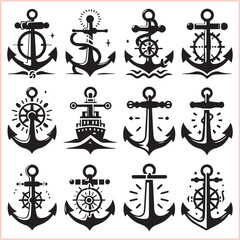 Set of sea anchor symbol set isolated anchor with a heart charm on white background vector illustration
