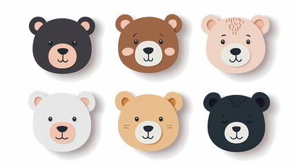 Set Bear card templates. Cute cartoon bear faces,paper art and digital craft style.