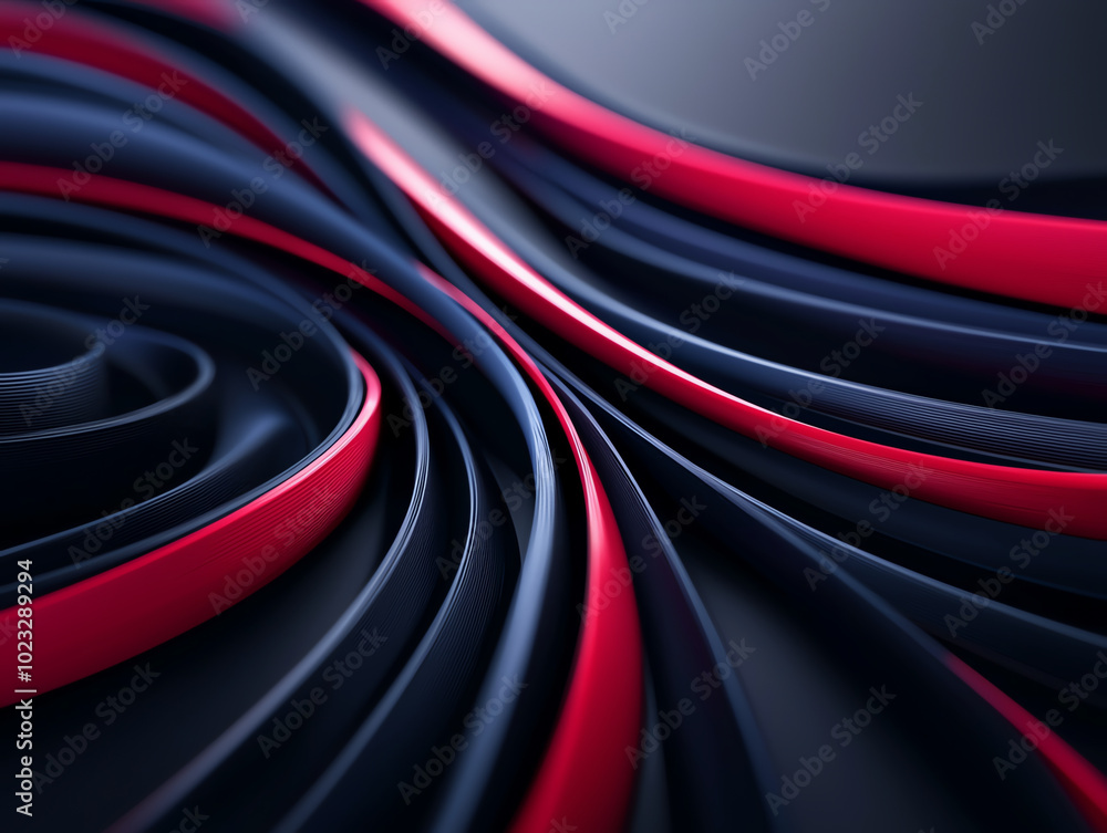 Poster Abstract composition of smooth flowing lines in dark shades with vibrant red accents, creating a modern and dynamic visual effect.
