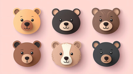 Fototapeta premium Set Bear card templates. Cute cartoon bear faces,paper art and digital craft style.