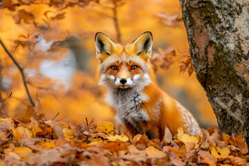 A pretty red fox, in the autumn forest. A beautiful animal in its natural habitat. Wildlife scenes, Europe. A cute animal in its natural habitat. A red fox runs through orange autumn leaves