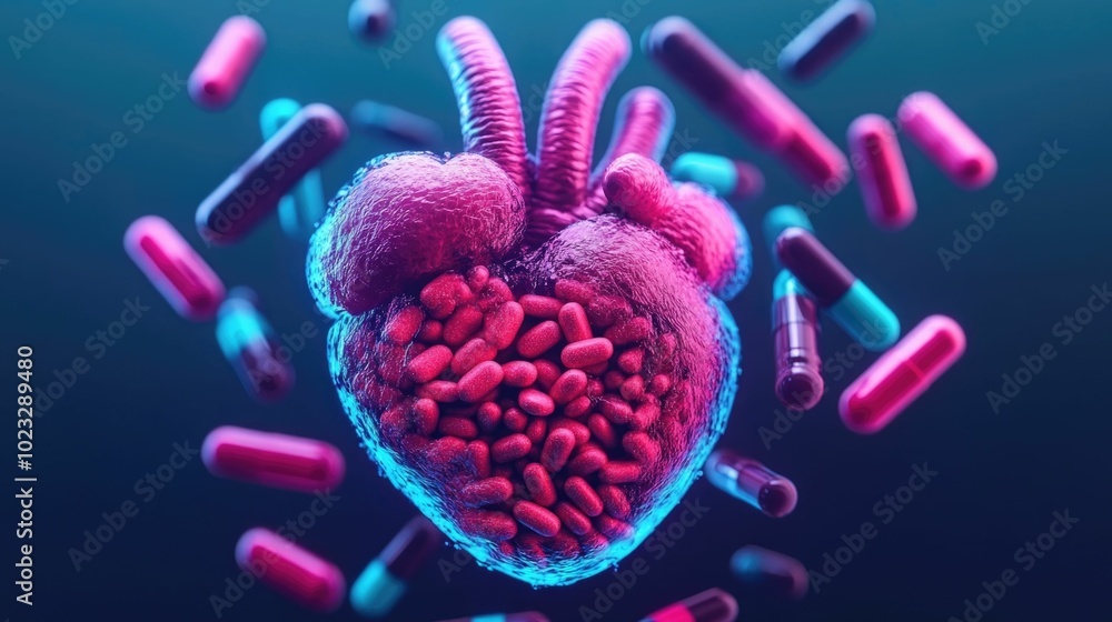 Poster detailed 3d render of a cross section view of a glowing luminescent heart absorbing streams of vitam