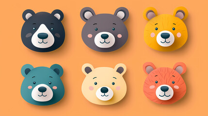 Set Bear card templates. Cute cartoon bear faces,paper art and digital craft style.