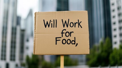 Collage of a city skyline and a cardboard sign reading Will Work for Food, against a blurred, gray urban background, homelessness in modern society 