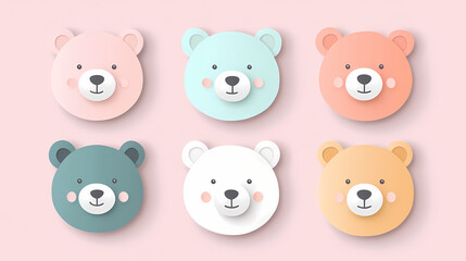Set Bear card templates. Cute cartoon bear faces,paper art and digital craft style.