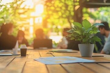 Outdoors Meeting Table with Plant and Paperwork
