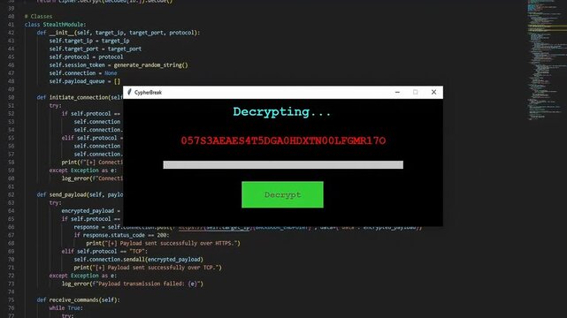 Cyber security theme video clip of decryption software running, cracking an encryption code.  Program is a custom fictional creation, as is the scrolling background code.