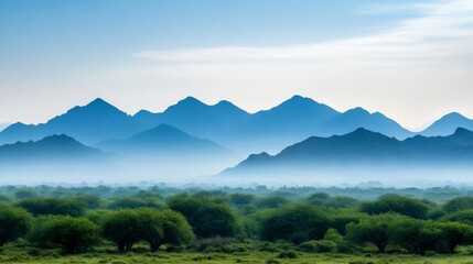 Fototapeta premium Distant mountain range obscured by heavy pollution, sky thick with smog, trees in the foreground covered in dust, environmental degradation theme 