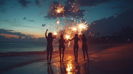 A group of friends lighting fireworks on a beach, with the ocean waves and laughter enhancing the celebration.