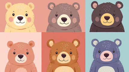 Set Bear card templates. Cute cartoon bear faces,paper art and digital craft style.
