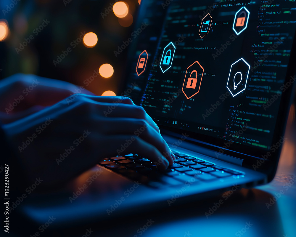 Poster close-up of hands typing on a laptop with cybersecurity icons and coding in the background, showcasi