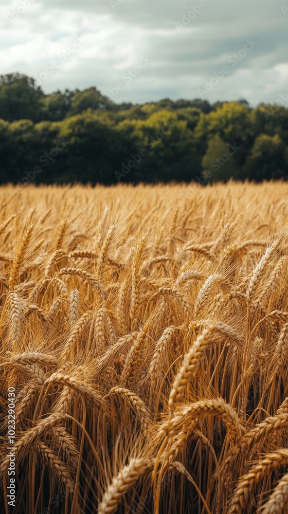Poster a field of golden wheat with a cloudy sky in the background