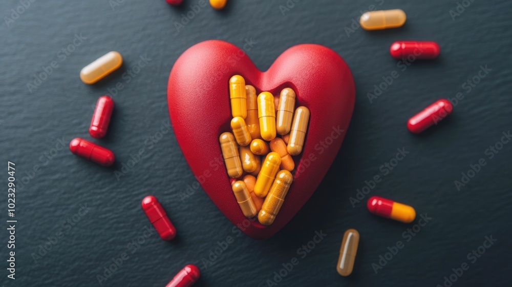 Poster closeup of a heart shape highlighted by glowing vibrant nutrient streams emanating from various vita