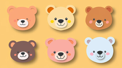 Set Bear card templates. Cute cartoon bear faces,paper art and digital craft style.