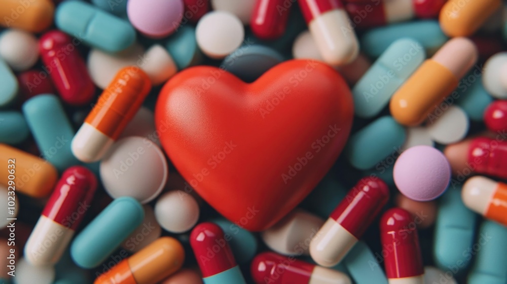Poster glowing red heart shaped supplement submerged in a stream of colorful capsules and pills representin