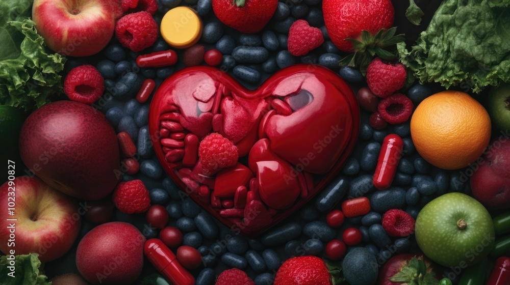 Poster abstract heart design being nourished by flowing streams of various vitamins and supplements surroun