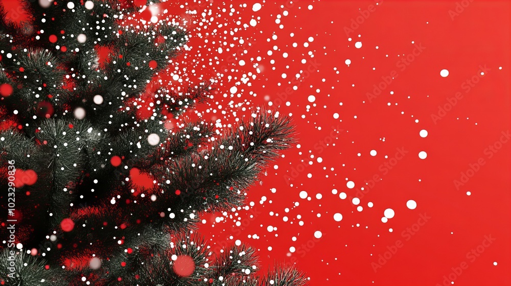 Poster close-up of a pine branch with snow falling against a red background.