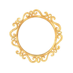 A watercolor illustration of a golden, ornate frame with a vintage baroque design. The round, hand-drawn border is perfect for adding luxury to greeting cards, invitations, elegant decorative accents