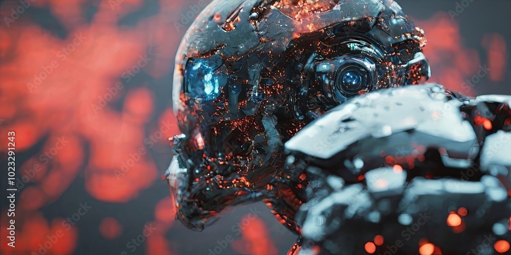 Poster a robot with a skull on its head and a blue eye