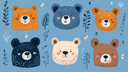 Set Bear card templates. Cute cartoon bear faces,paper art and digital craft style.