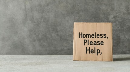 Obraz premium Isolated image of a worn cardboard sign reading Homeless, Please Help, placed on a concrete background, with space for text, gray and brown tones 