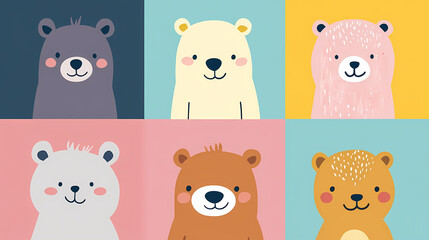 Set Bear card templates. Cute cartoon bear faces,paper art and digital craft style.