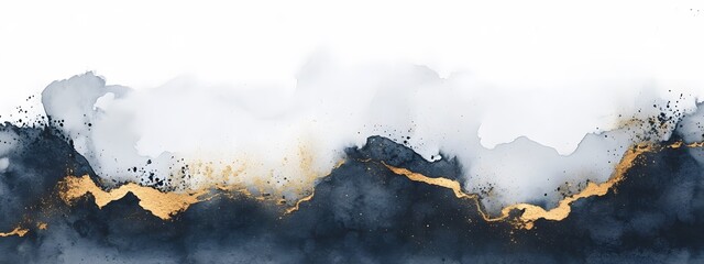 Watercolor, indigo blue ink flowing in water, white background with gold glitter
