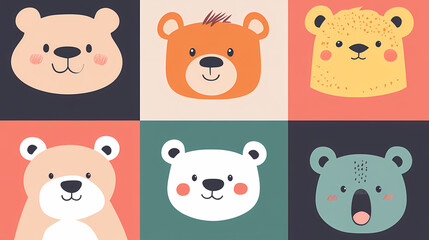 Obraz premium Set Bear card templates. Cute cartoon bear faces,paper art and digital craft style.