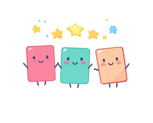 Cute cartoon characters with stars, playful and colorful design, white isolate background.