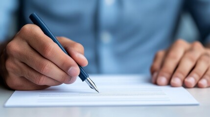 Nervous hands holding a job application form, pen hovering over the signature line, paper crumpled at the edges, against a blurred office setting 