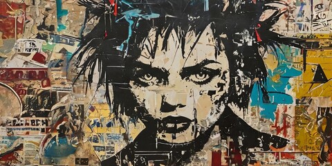 Obraz premium A woman's face is painted on a wall with a lot of different colors and textures