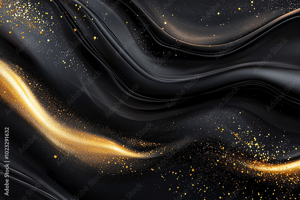 Poster elegant black and gold abstract background with smooth flowing lines and shimmering sparkles, perfec