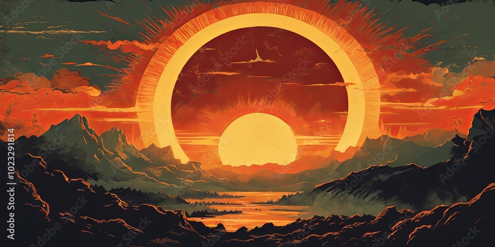 Poster a large red sun is in the center of a large orange circle