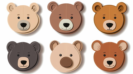 Fototapeta premium Set Bear card templates. Cute cartoon bear faces,paper art and digital craft style.