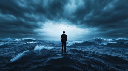 Person standing at the edge of a dark ocean, staring at an unclear horizon, waves crashing unpredictably, metaphor for life’s uncertainties 