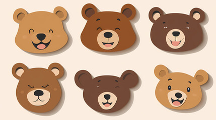Fototapeta premium Set Bear card templates. Cute cartoon bear faces,paper art and digital craft style.